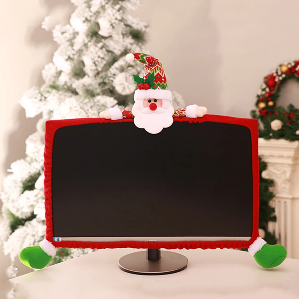 25-35Inch Computer Screen Cover Monitor Protector Christmas Decoration Cartoon Santa Claus Sleeve Red Durable Cloth Desktop