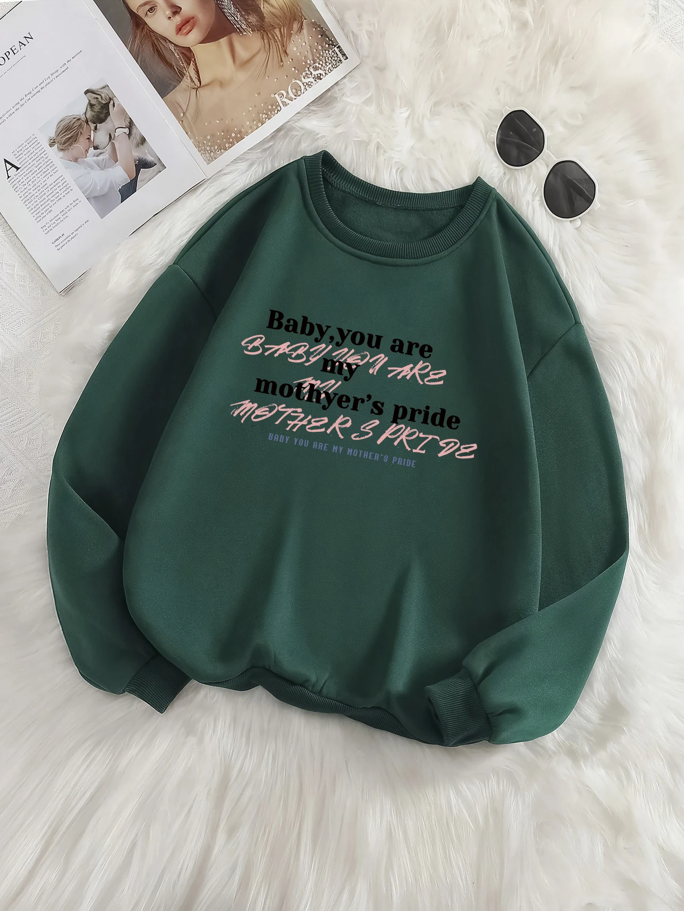 Overlapping Colourful Text Print Hoodless Green High End Sweatshirt Fashion Ladies Women\'s Comfortable Wearable Top