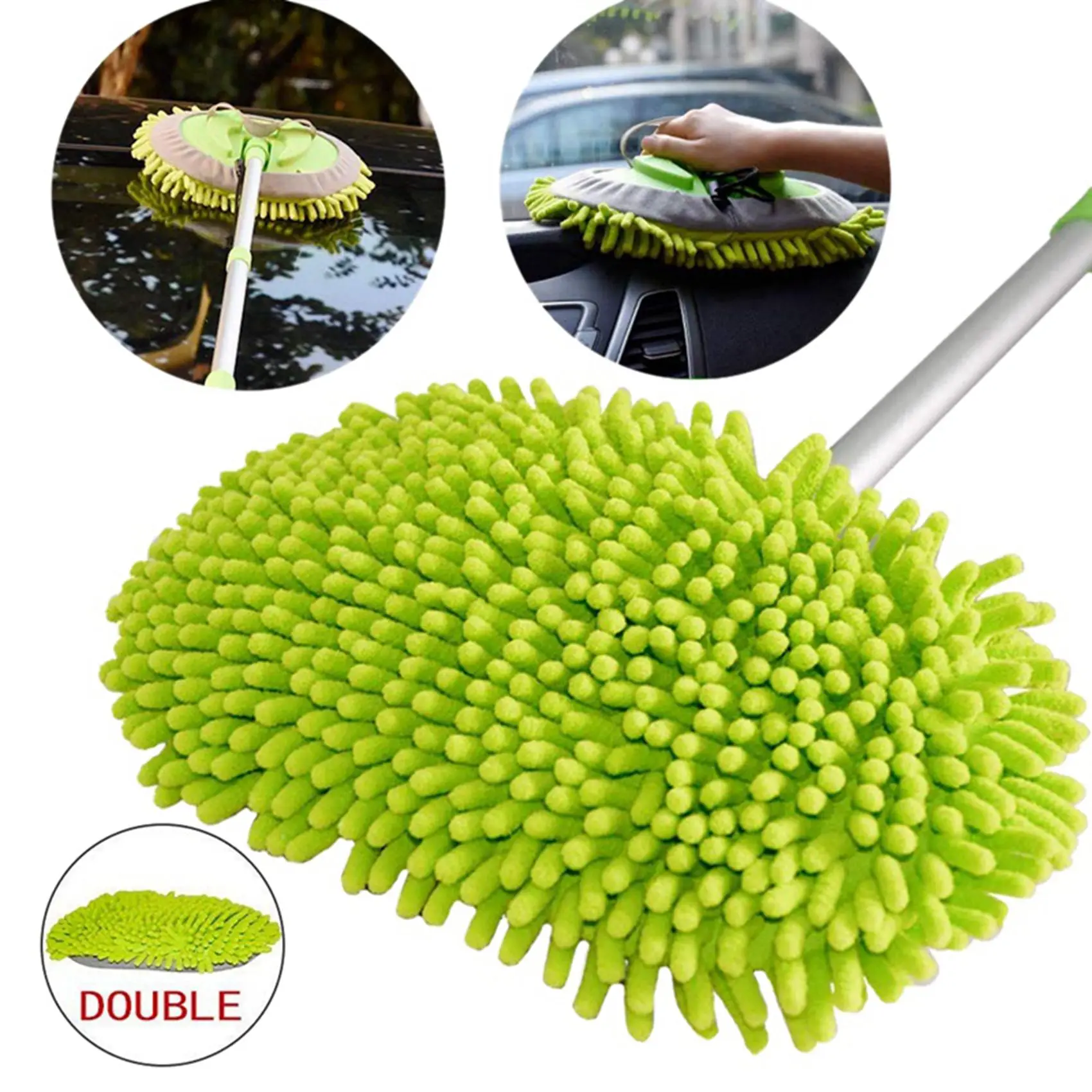 

A95E-2X 2 In 1 Car Wash Mop Mitt With Long Handle, Chenille Microfiber Car Wash Dust Brush Extension Pole 24-46Inch