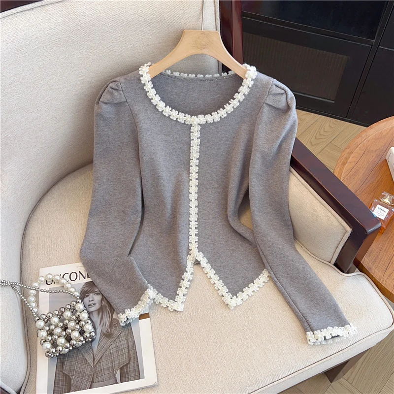 

Women's Grey O-Neck Cardigan Sweater Harajuku Vintage 2000s Y2k Korean Style Long Sleeve Luxury Cashmere Sweater Autumn Winter
