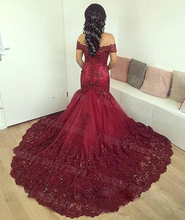 Elegant One Line Neck Short Sleeve Lace Mermaid Evening Dresses Ruffled Edge Applique Sequin Beaded Porm Dresses For Women