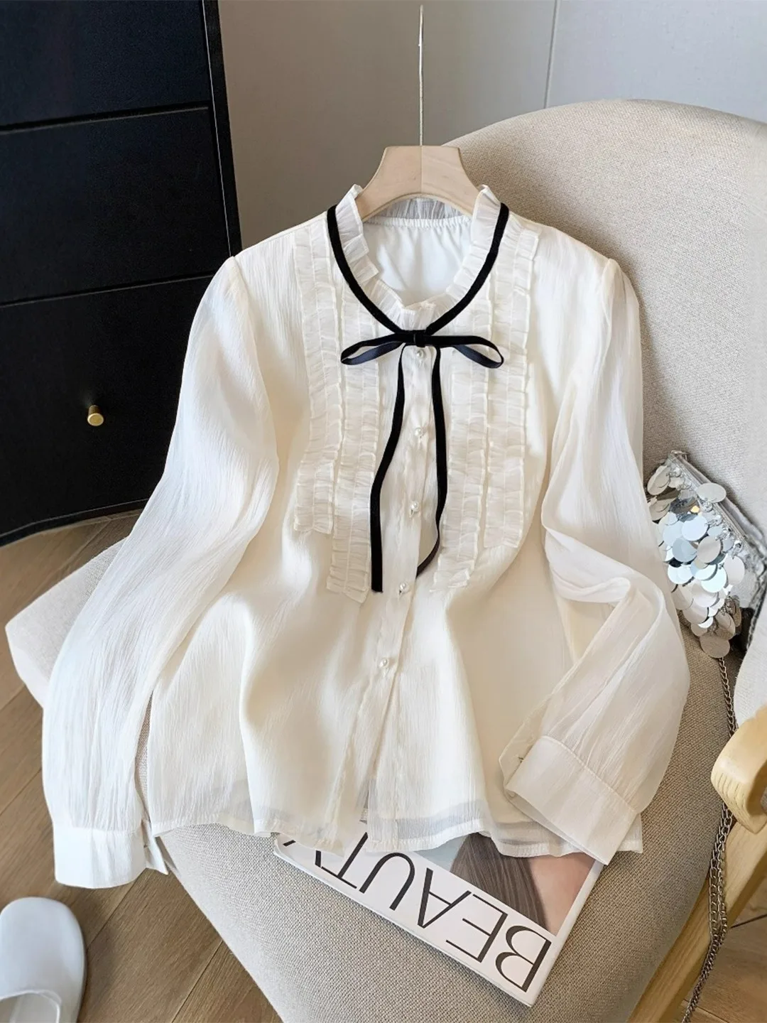 

Women's Chiffon irt Knot Early Autumn Unique Beautiful Top Korean Sle Straight Cut Long Sve Lantern Sve