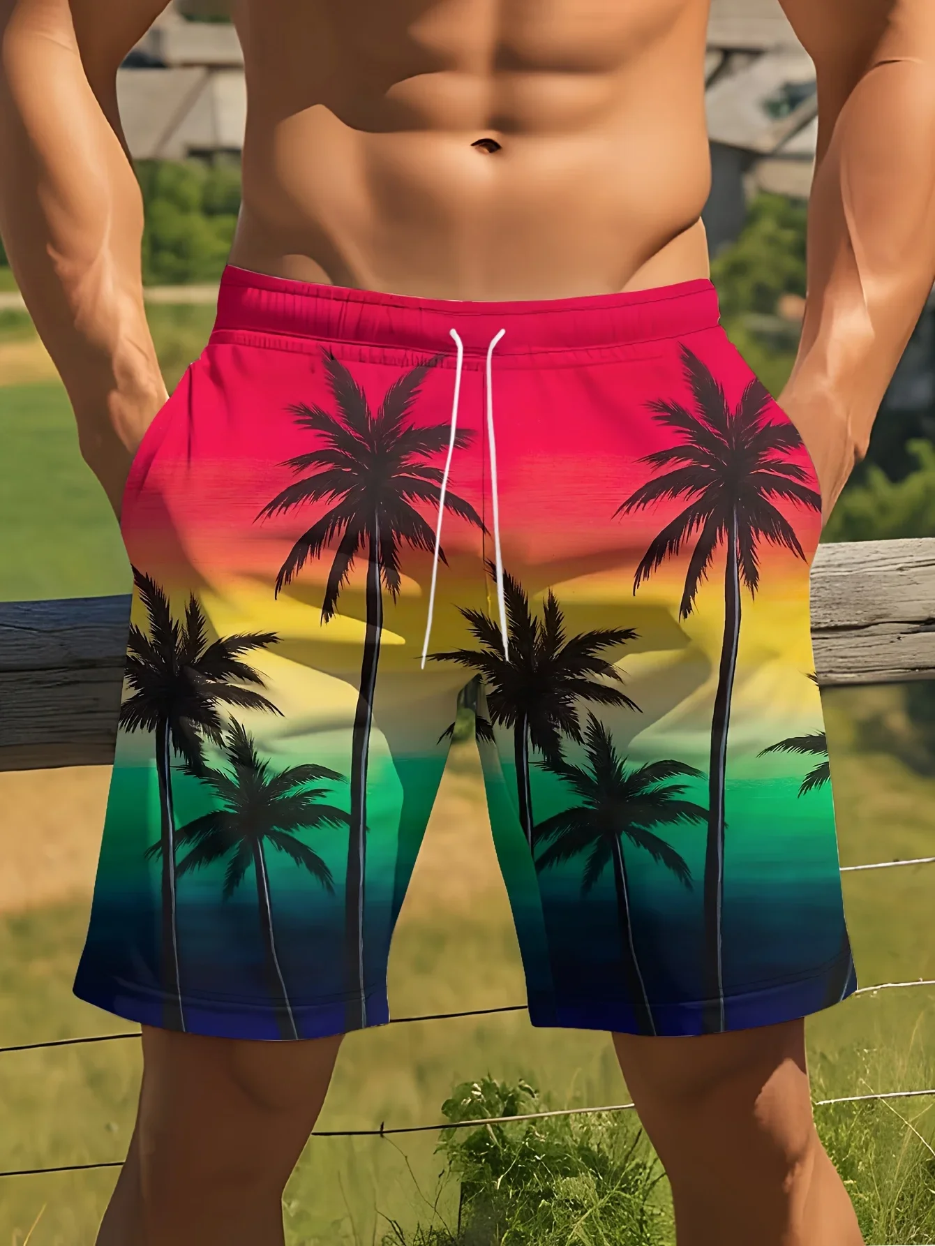 

26 New Men's Hawaiian Swimwear, 3D Gradient Palm Print, Beach Shorts, Quick Drying, Outdoor Leisure, Sports, Fashion