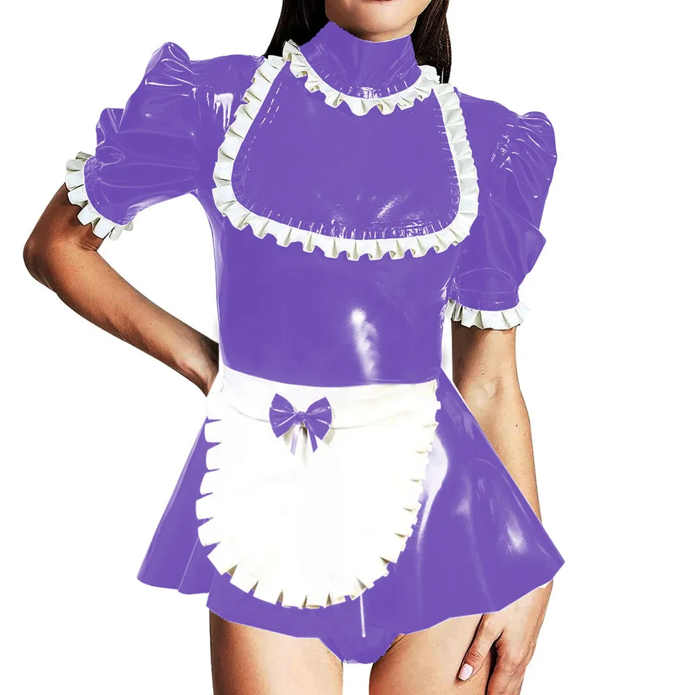 

Lockable Sissy Maid Bodysuit Outfits Ruffles Trims Bow Apron Short Sleeve Skirted Romper Naughty Maid Uniform Wetlook Cosplay