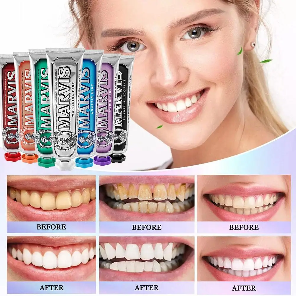 1Pcs 85ml Italy Original Marvis Whitening Mint Freshen Breath and Remove Smoke Stains Toothpaste