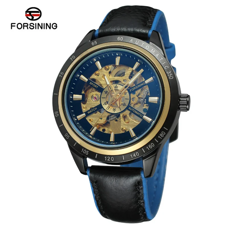 Forsining-reloj mecánico de cristal azul para hombre, resistente al agua, informal, hueco, automático, envío gratis, nuevo