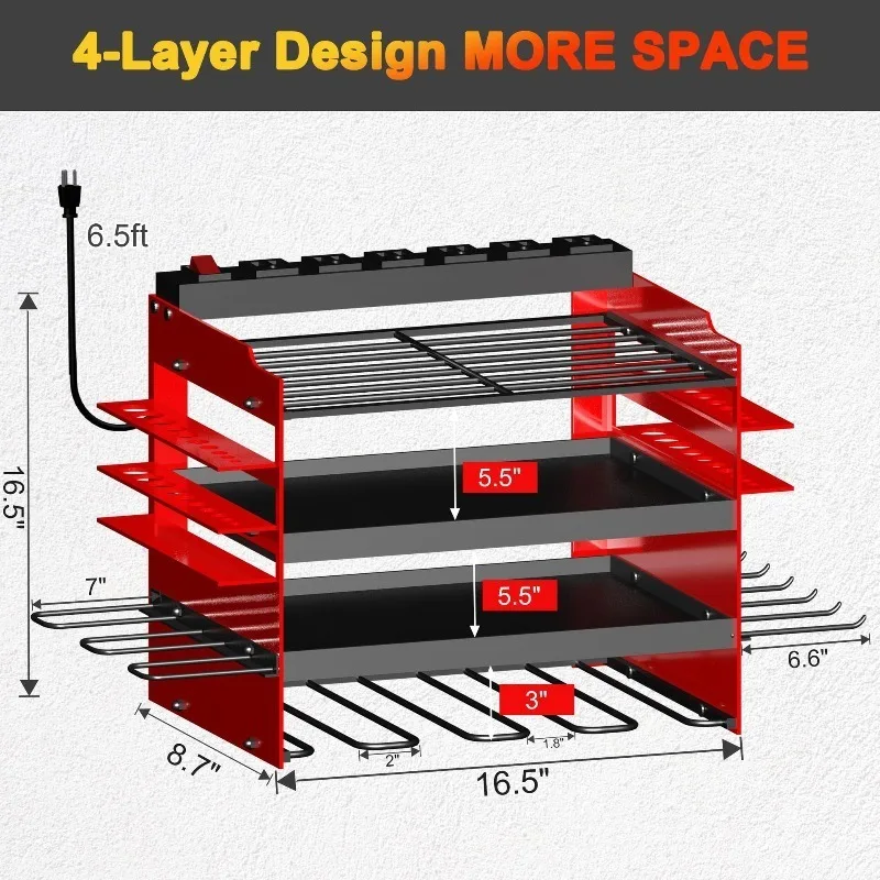 4-Tier Wall-Mounted Power Tool Organizer Metal Drill Holder Garage Storage Rack Convenient Heavy Duty Workshop Organization tool