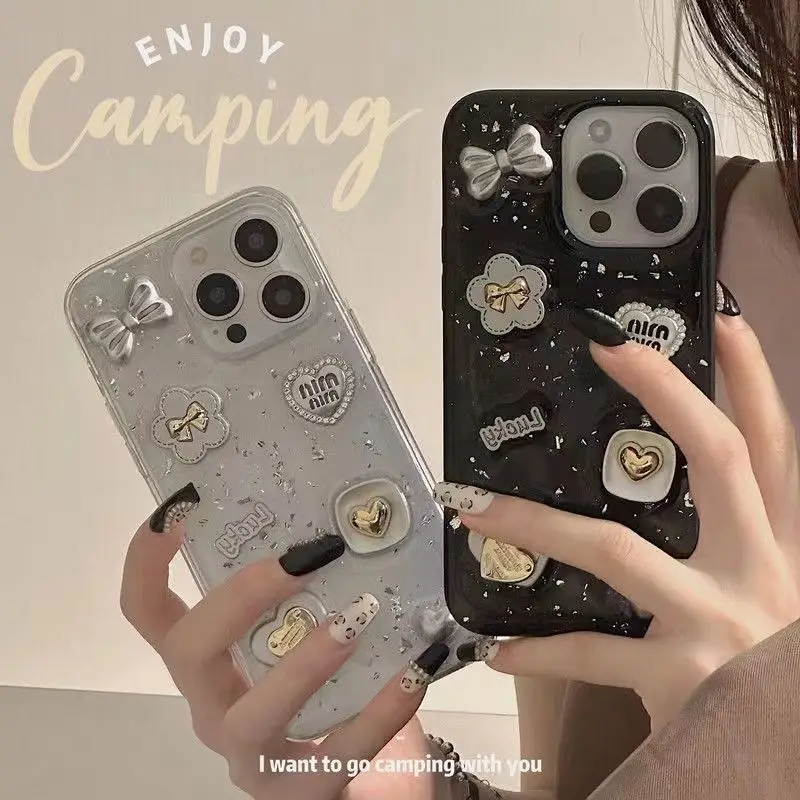 

Silver Bo Love bow iPhone15promax phone case iPhone14pro female iPhone13 drop glue iPhone12 soft iPhone11 transparent