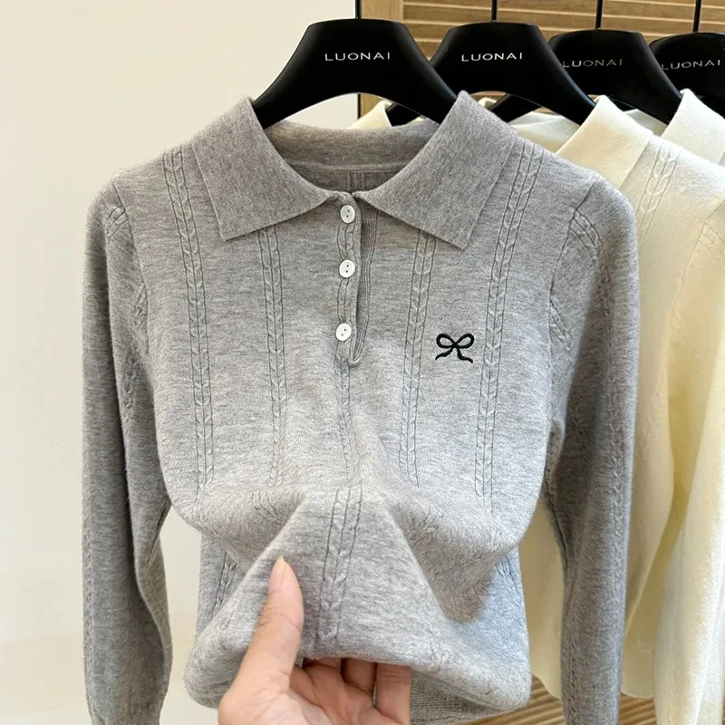 

Polo Collar Bow Twist Twist Long-sleeved Sweater Women's Autumn Winter New Slim Pullover Bottoming Shirt Top