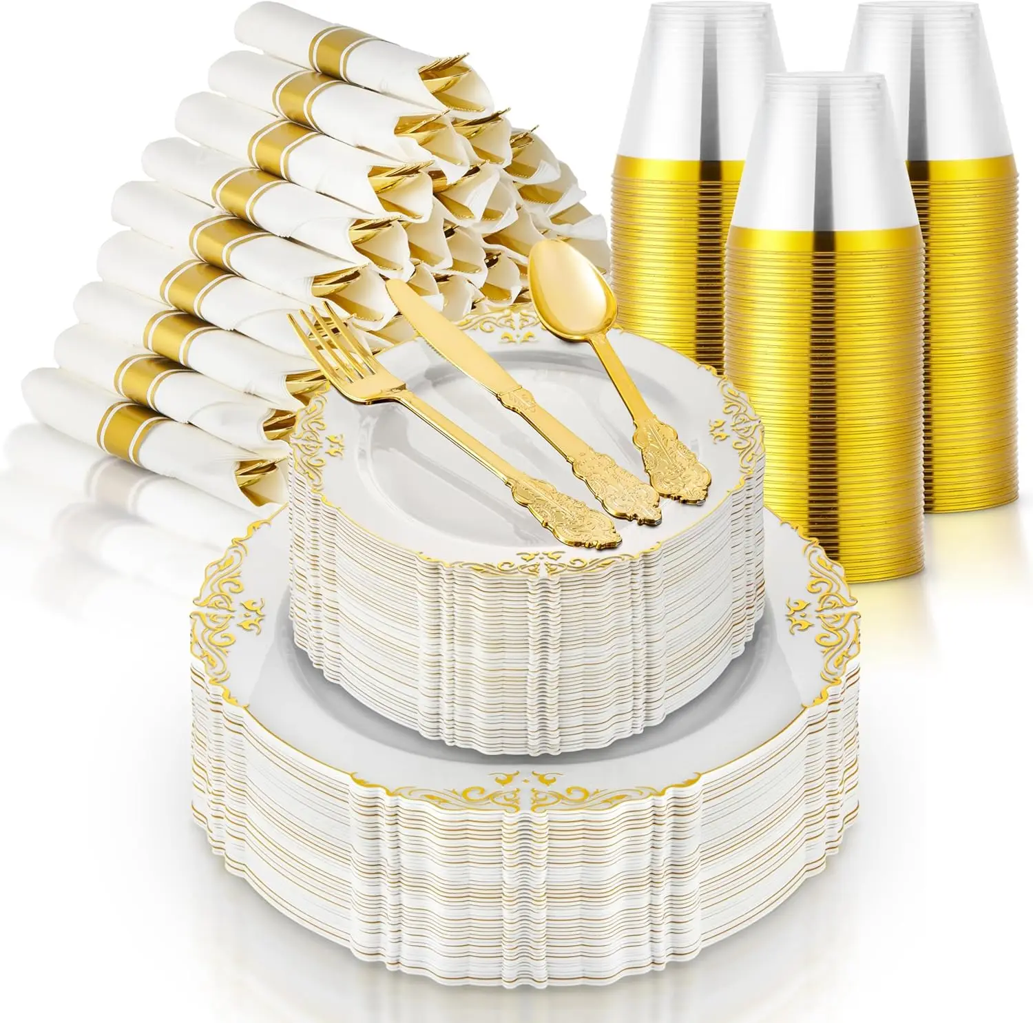 

Набор белых и золотых тарелок для дома с предварительно скрученными столовыми приборами с салфетками и золотыми чашками, посуда для 50 гостей (350 шт.)