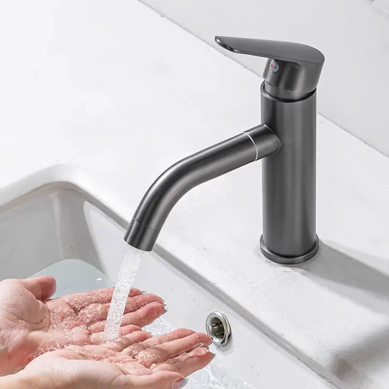 

Household Bathroom Sink Basin Rotating Hot and Cold Water Faucet Stainless Steel Gun Gray Single-hole Basin Faucet Bath Faucet