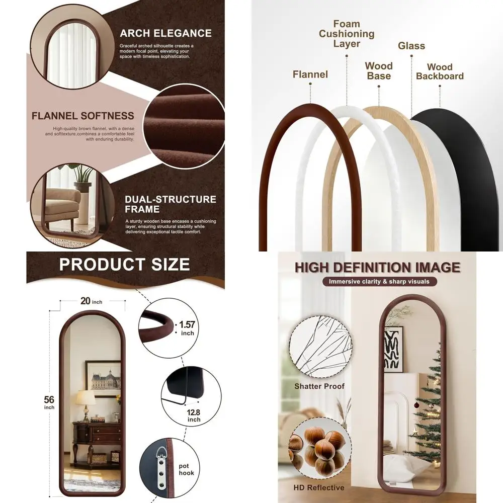 

Отдельно стоящее арочное напольное зеркало с плюшевой фланелевой рамой, идеально подходит для наклона или подвешивания, мягкий сенсорный дизайн для спальни и Livi