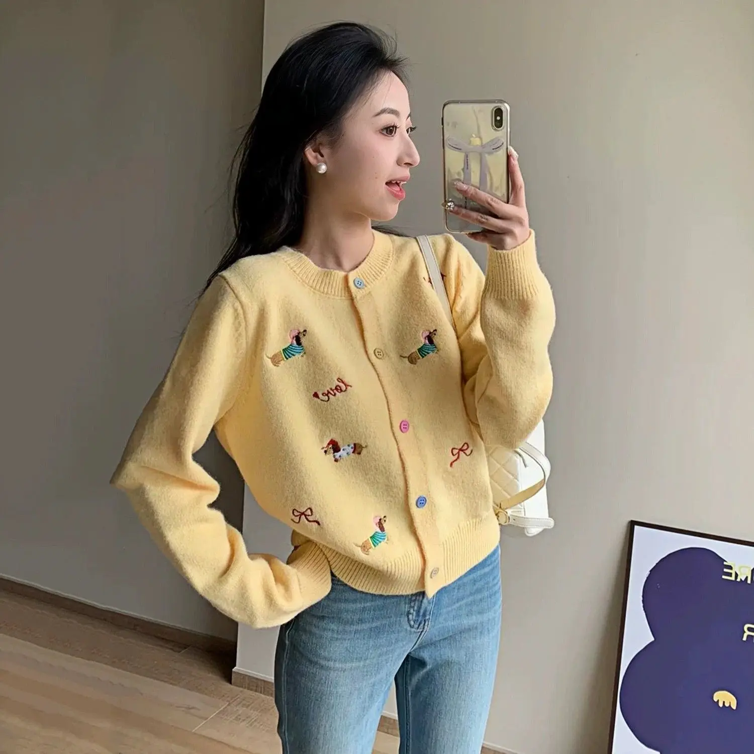 

Korejpaa Casual Knitted Cardigan 2025 Autumn Round Neck Button Up Slimming Sweater Coat Outwear Embroidery Sweet Top Clothes