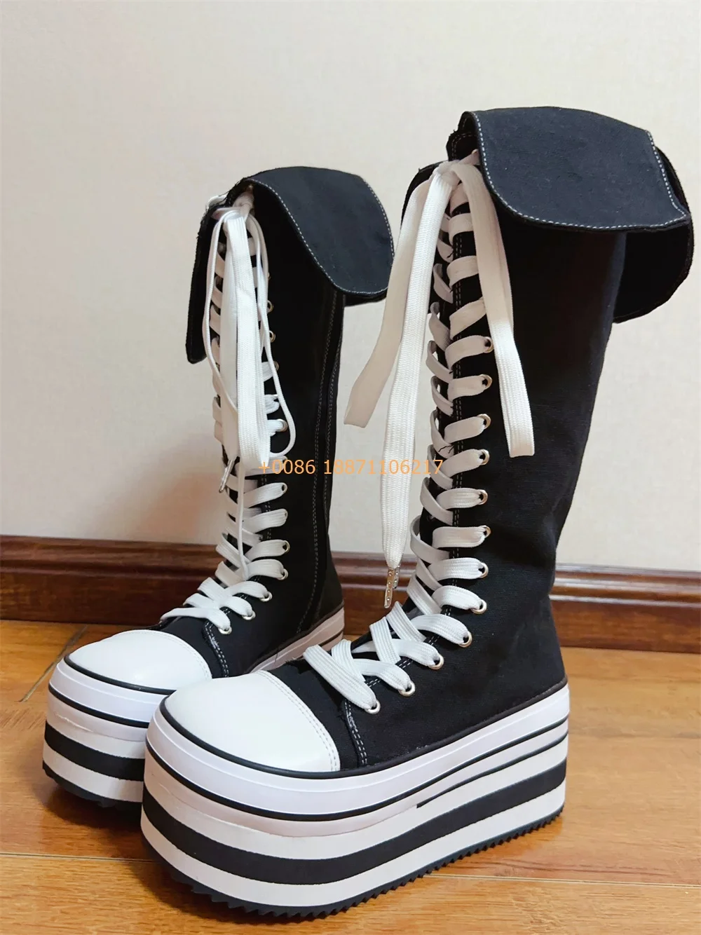 Fashion Ladies Thick Sole Canvas Boots Autumn Winter New Round Toe Cross-Strap Street Punk Rock Boots Party Casual 34-42 Boots