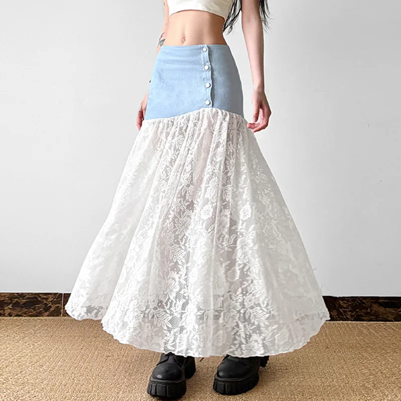 

Женское прозрачное пляжное платье макси «Zeyla 2025» из джинсовой ткани и кружевной юбки с цветными блоками, приятный для миниатюрных размеров