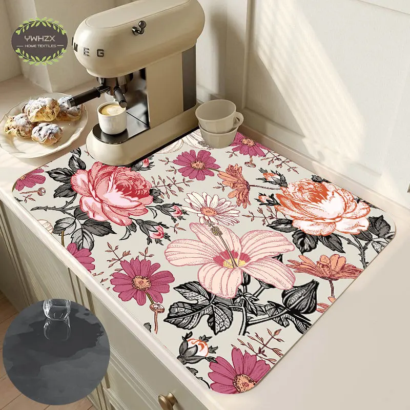 Vintage Flower Drainage Mat Dish Drainer Napa Skin Soft Quick Dry Bathroom Drying Pad Placemat Anti-Slip Rugs Kitchen Decoration