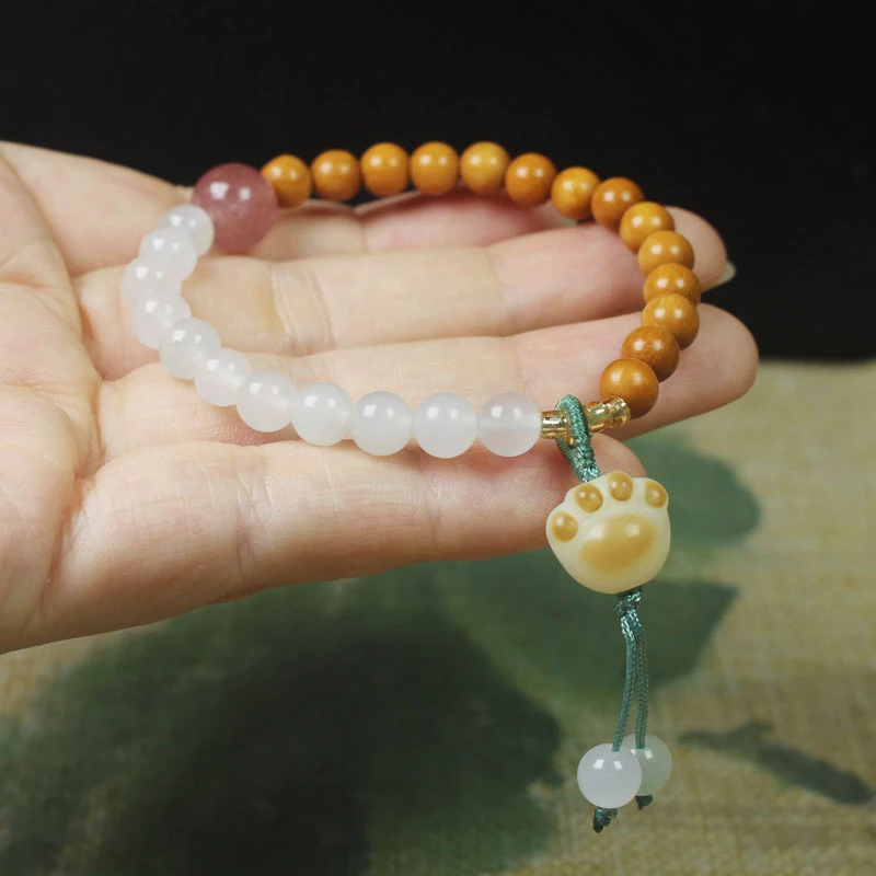 

Sandalwood 6mm Bracelet with Cat Claw Pendant, Women's Forest Style Buddhist Prayer Beads Jewelry