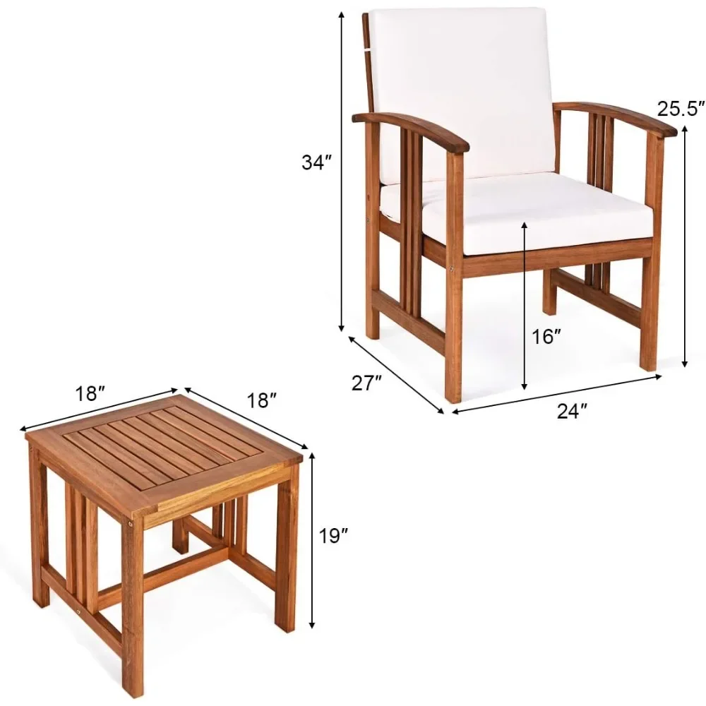 Juego de muebles de patio de 3 piezas, incluye juego de 2 sillas acolchadas de madera de acacia para exteriores y mesa de centro, juego de patio