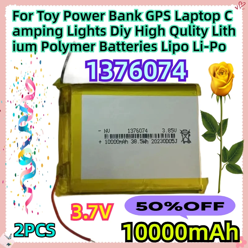 

For Toy Power Bank GPS Laptop Camping Lights Diy High Qulity 1376074 3.7V 10000mAh Lithium Polymer Batteries Lipo Li-Po 2pcs