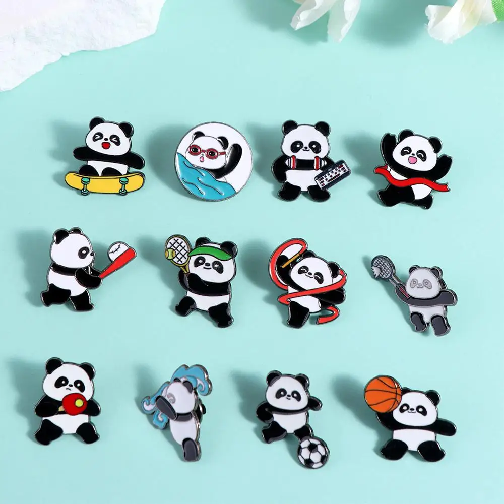 Cute Cartoon Panda Athlete Badge Pins Creative Basketball Baseball Swimming Skateboard Enamel Brooch for Women Men Jewelry Gift