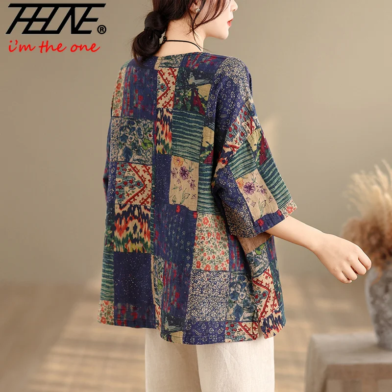 THHONE Plus Size Fashion Summer Woman Blouse Cotton Linen Casual Loose Print Patchwork O-Neck Vintage Indie Folk Oversized Top view 2