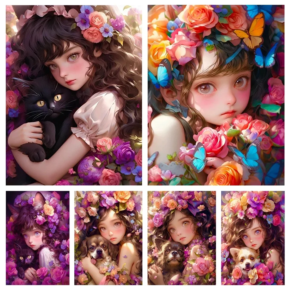 5D DIY Diamond Painting Color Flower Rose Girl Cat Dog Cross Stitch Kits Full Square Round Diamond Mosaic Embroidery Hot V650