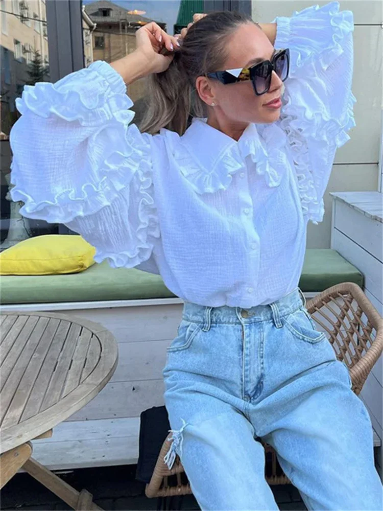 TARUXY Ruffle Loose Women Shirts 2024 Cotton Long Sleeve Elegant White Tshirt Ladies Street Casual Holiday Baggy Cover Up Female