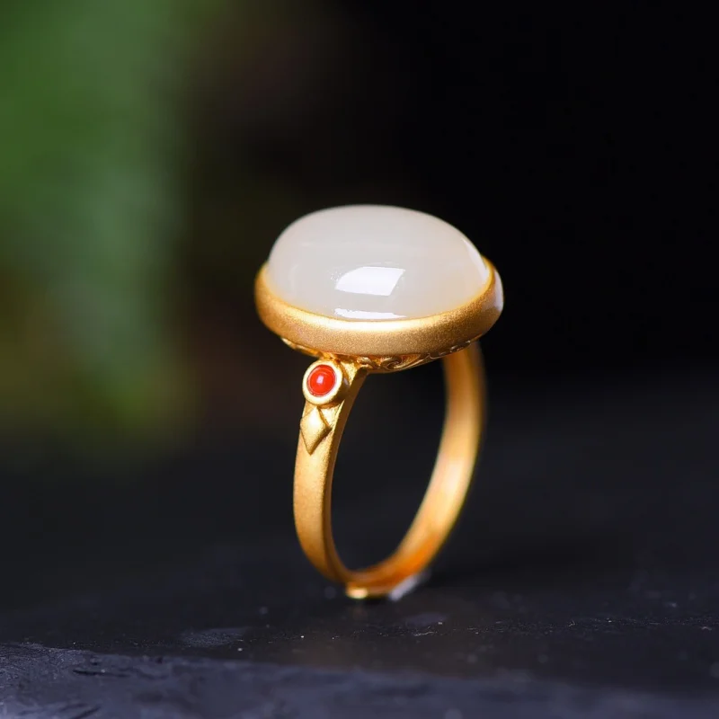 

Серебряное позолоченное женское кольцо с инкрустацией из белого нефрита Hetian в стиле Ins, соответствующее красным агатом