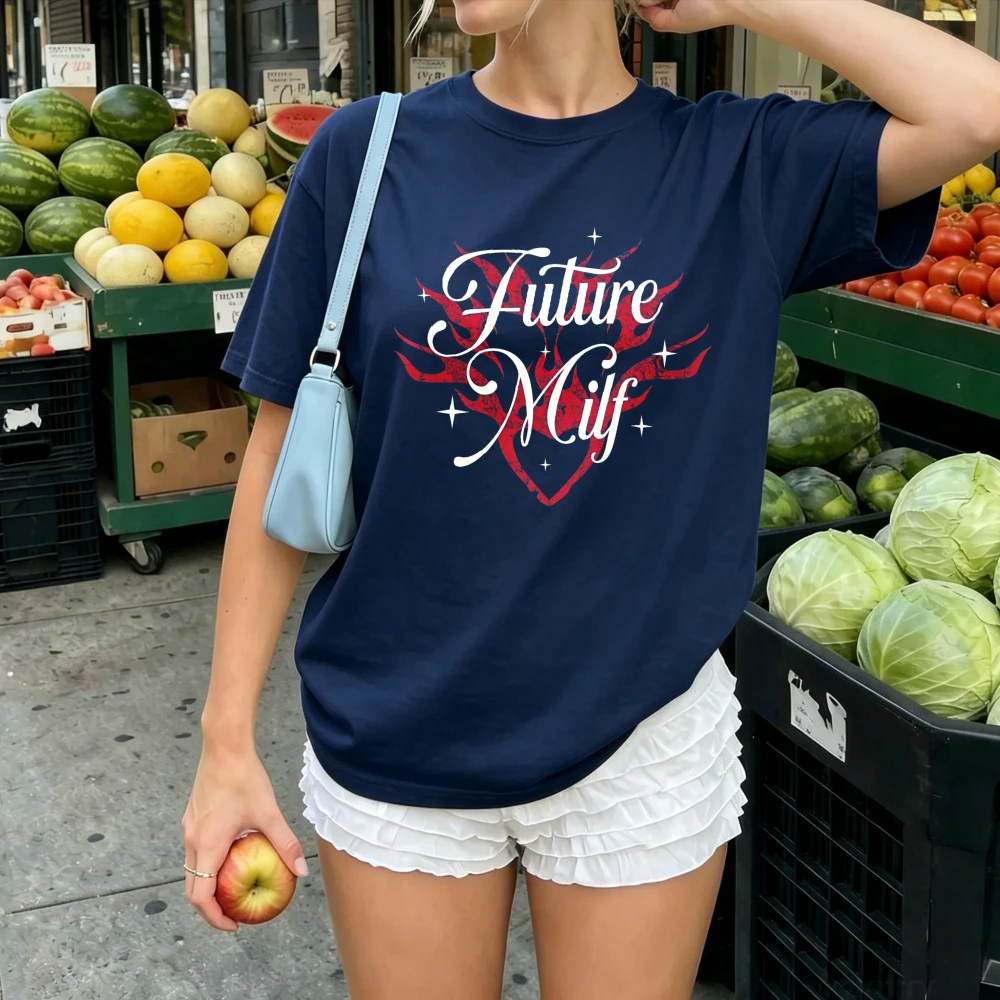 Future Milf Gothic Red Flame Cursive Letter Graphic T Shirt Women Retro Grunge Slogan Print Crewneck Punk Streetwear Loose Tops