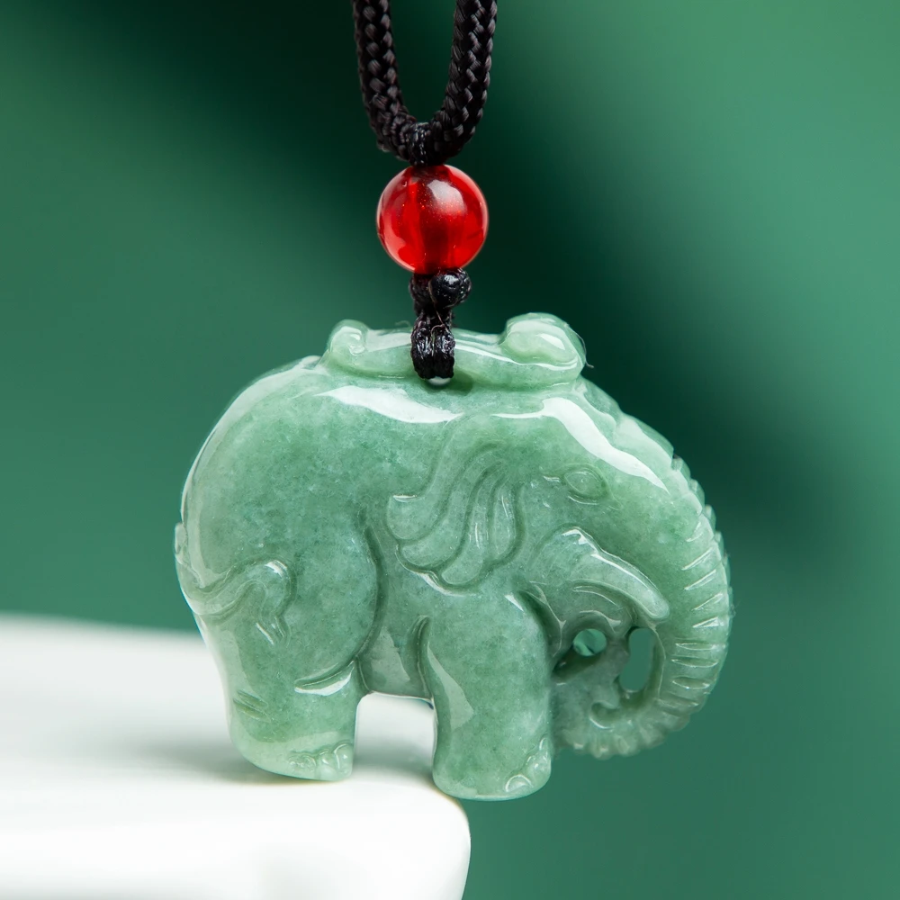 

TIMESWIND Cute Natural A-type Jade Green Elephant Three-dl Pendant Women Peace Necklace with Certificate