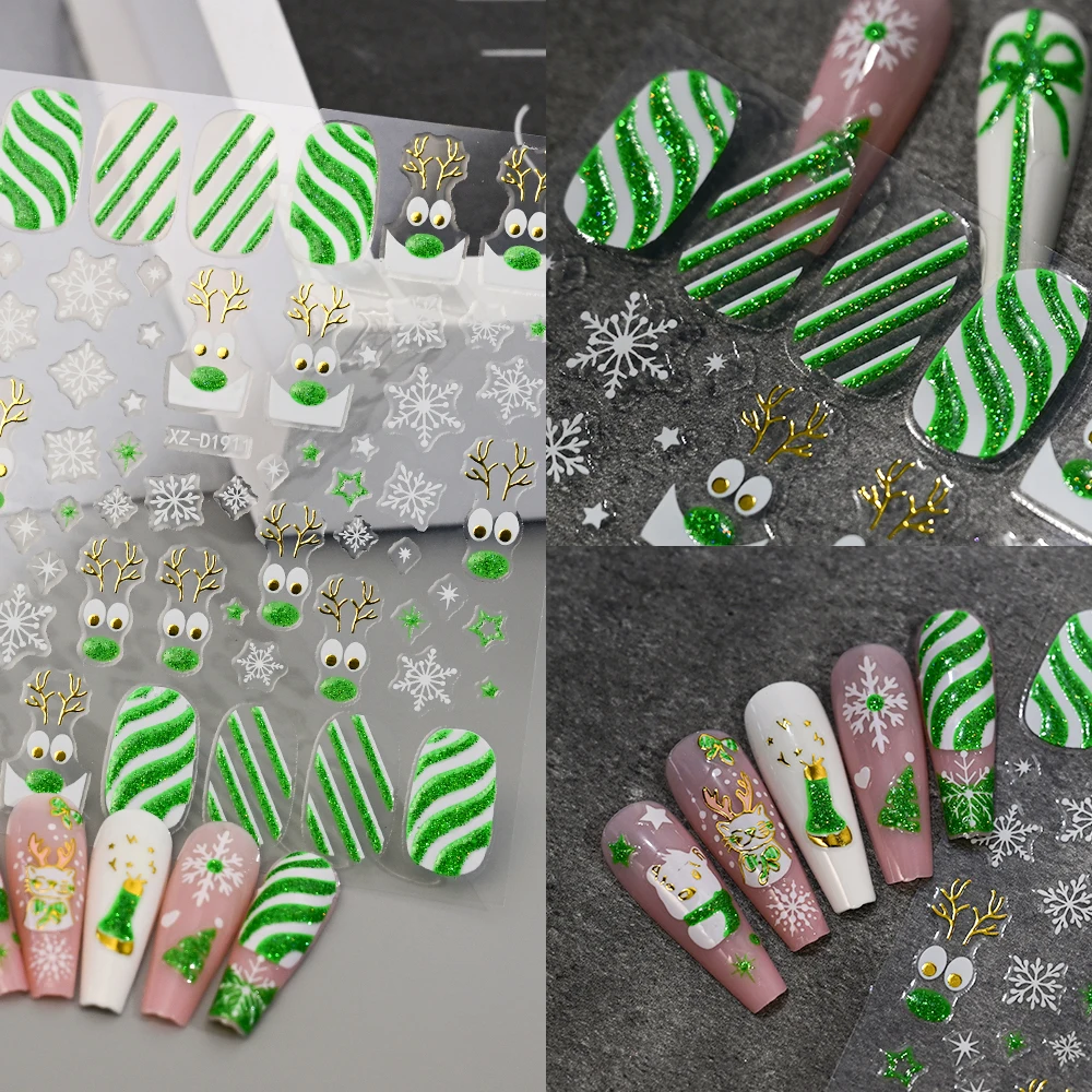 12Pcs Green Glitter Xmas Nail Art Stickers 3D Christmas Cute Cartoon Reindeer/Snowflakes/Santa Claus Holiday Nails Decal Slider#