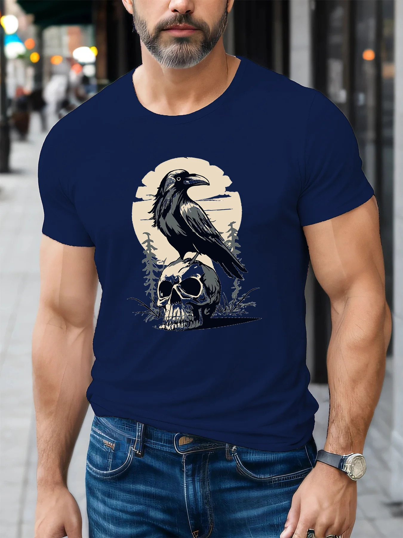 Men's summer 100% pure cotton fashionable casual loose skull and crow pattern printed round neck short sleeved T-shirt top