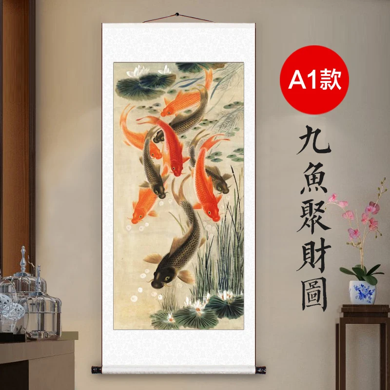 TOP business gift # Home office WALL Decorative art  -9 fishes Money Drawing  GOOD Luck Mascot FENG SHUI ART silk painting