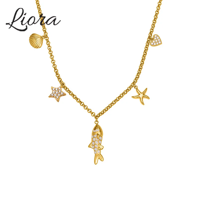 

Liora Ocean Style Fish Starfish Pendant Necklaces Bracelets for Women Stainless Steel Chain Wedding Banquet Women Jewelry Gifts