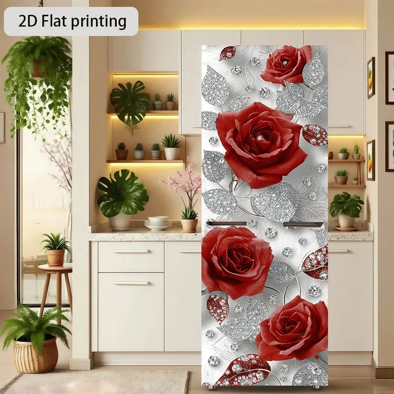 Refrigerator Sticker Red Rose with Rhinestone Accents and Floral Leaves Themed Design, Self-Adhesive Wall Decal Wallpaper, Sui