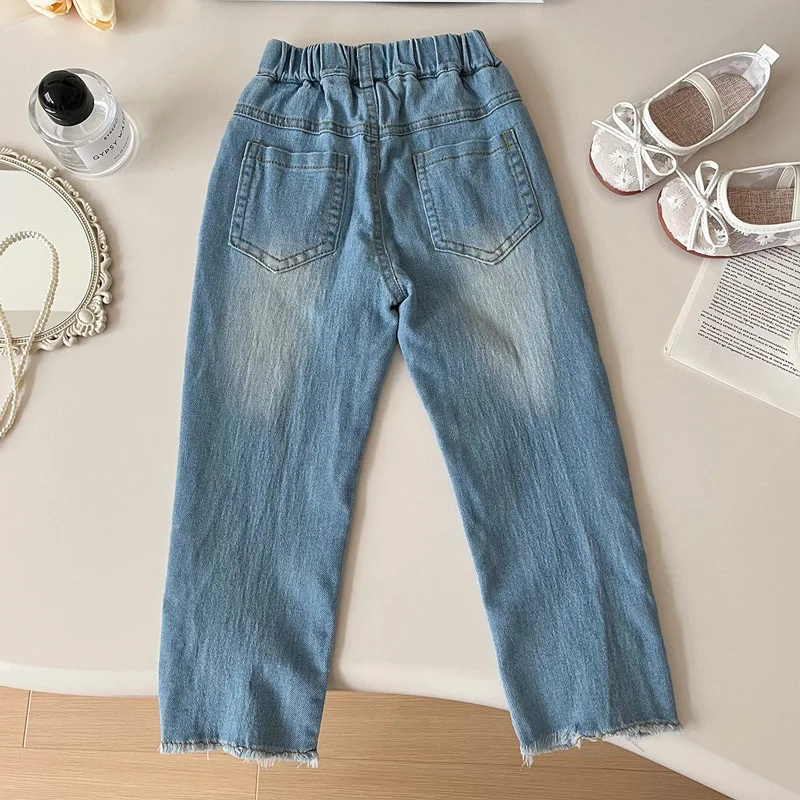 Girls' Fashion Jeans2024Autumn New Style Baby Girl Western Style Trousers Bifurcated Rivet Beads Denim Trousers