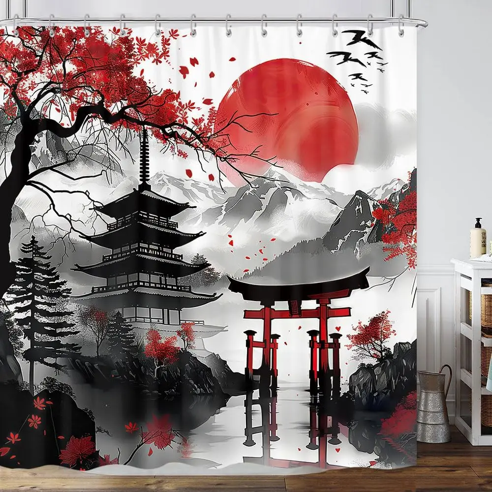 

Japanese Anime Shower Curtain,Cool Watercolor Japan Cherry Blossom Floral Mountain Asian Oriental Abstract Art Shower Curtain