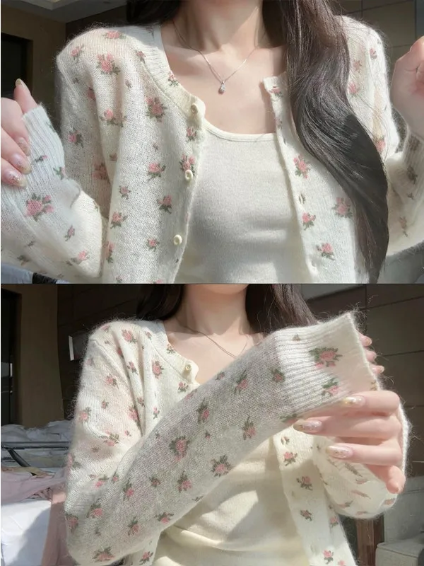 Color Block Floral Knitted Open Cardigan And Tank Top Set Women's Beautiful Elegant Early Spring Casual Loose Fit Long Sleeve