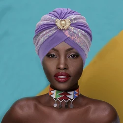 Fashion Women Head Wraps African Party Headpiece Nigeria Wedding Gele Sequins Pleated Turban Hat Muslim Headscarf Bonnet