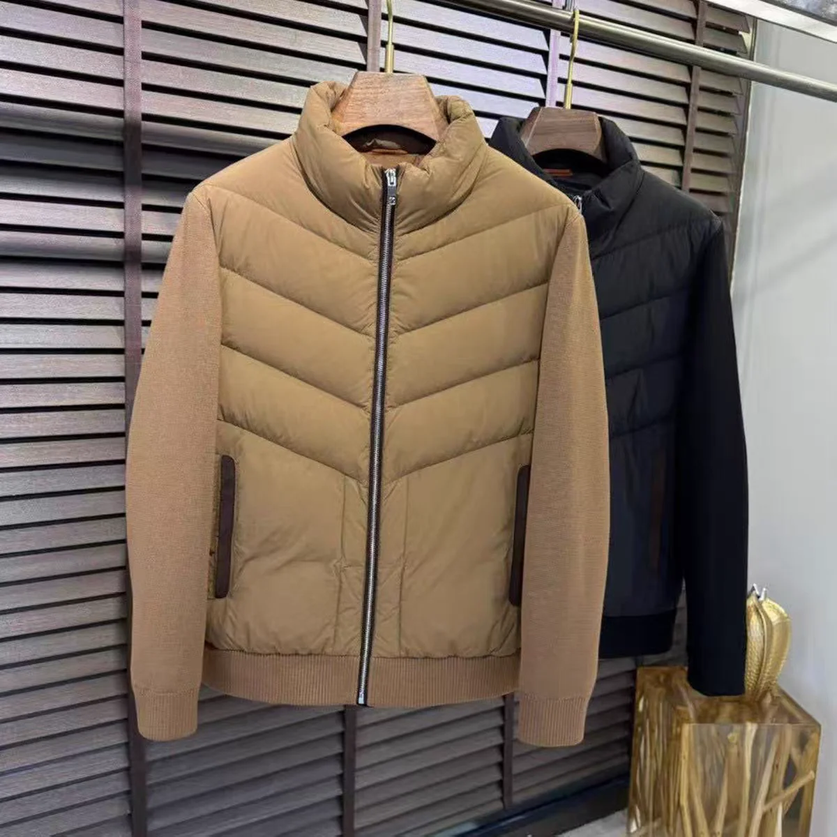 Faionable محبوك المرقعة الوقوف طوق أسفل Jaet الرجال الخريف الشتاء جديد وصول Busin Sle الأبيض دو ريشة سترة #1