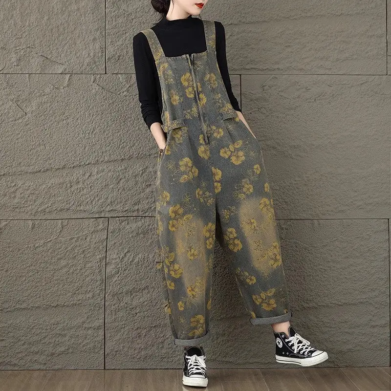 Retro Printed Denim Overalls Women's 2024 Spring And Autumn Oversized Jeans Loose Baggy Pants Suspender Jumpsuit Trend k2666