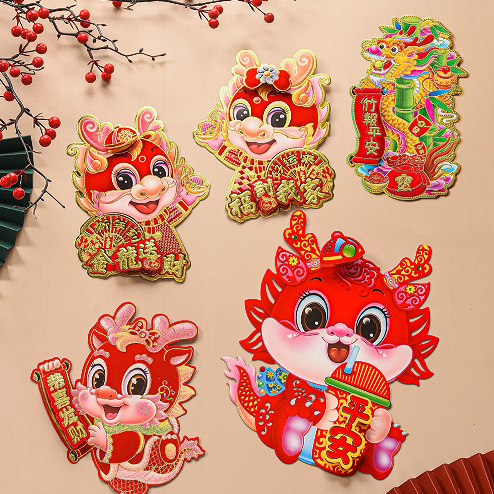 

3D Flocking Door Wall Window Decal 2024 New Year Decorations Chinese Spring Festival Dragon Year Creative Cartoon Stickers