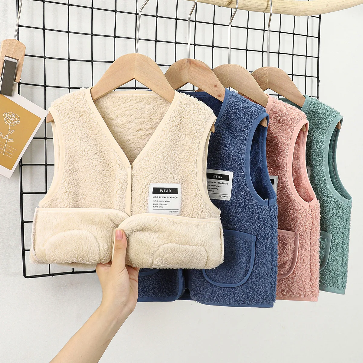 Kid Girl Boy Adorable Furry Vest V Neck Children Coat with Fleece Pocket Design Decorative Label Baby Cold Weather Clothing