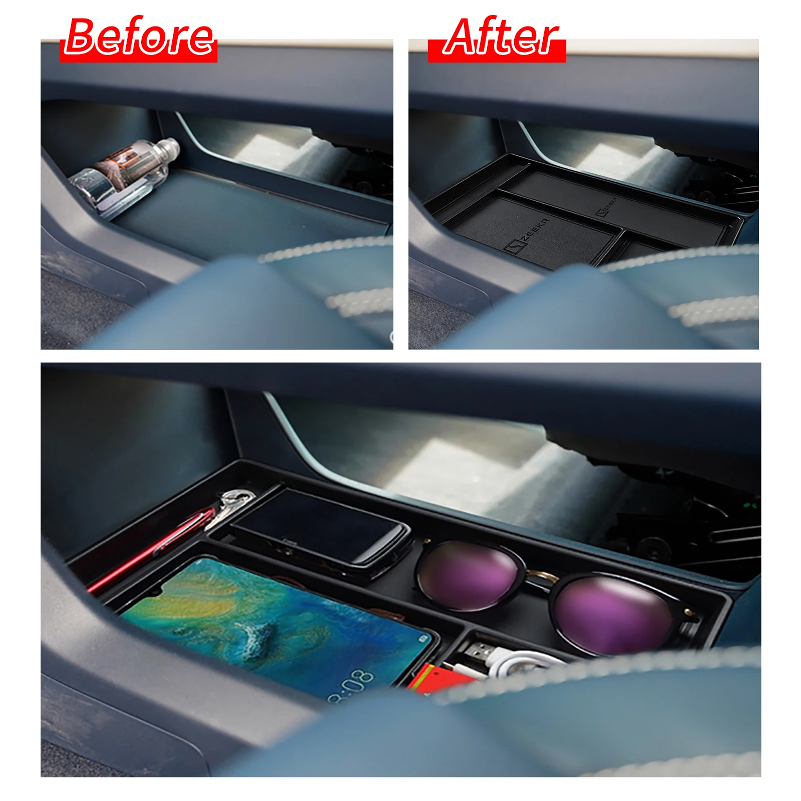 ZUNDUO-caja de almacenamiento Central para coche, bandeja organizadora de capa inferior, Accesorios Negros, para ZEEKR 001