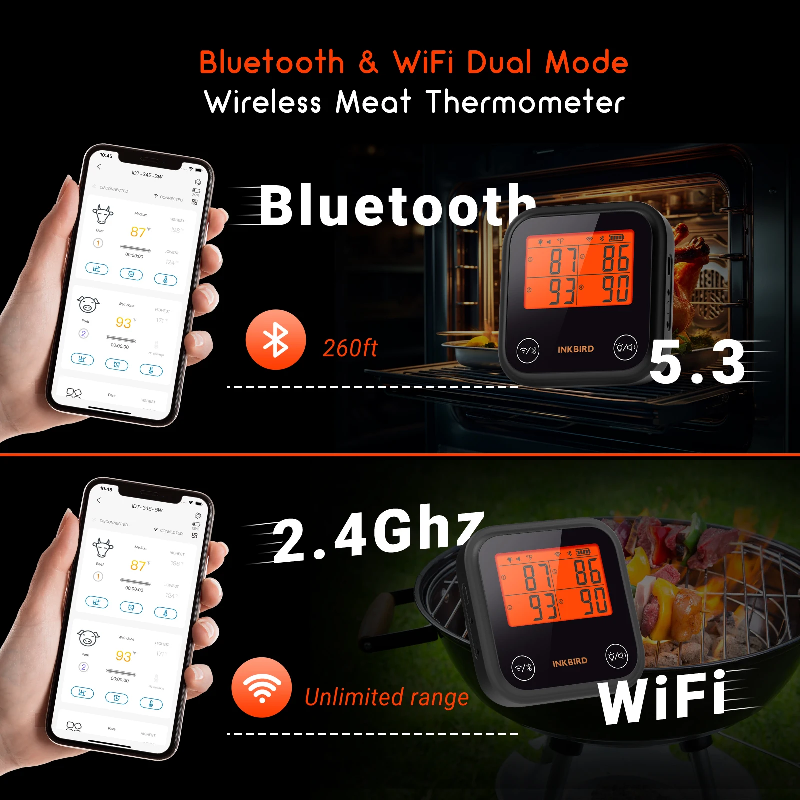 INKBIRD IDT-34E-BW BBQ Thermometer Bluetooth WiFi Dual Mode Wireless Bluetooth Thermometer with Custom Temperature For BBQ Grill