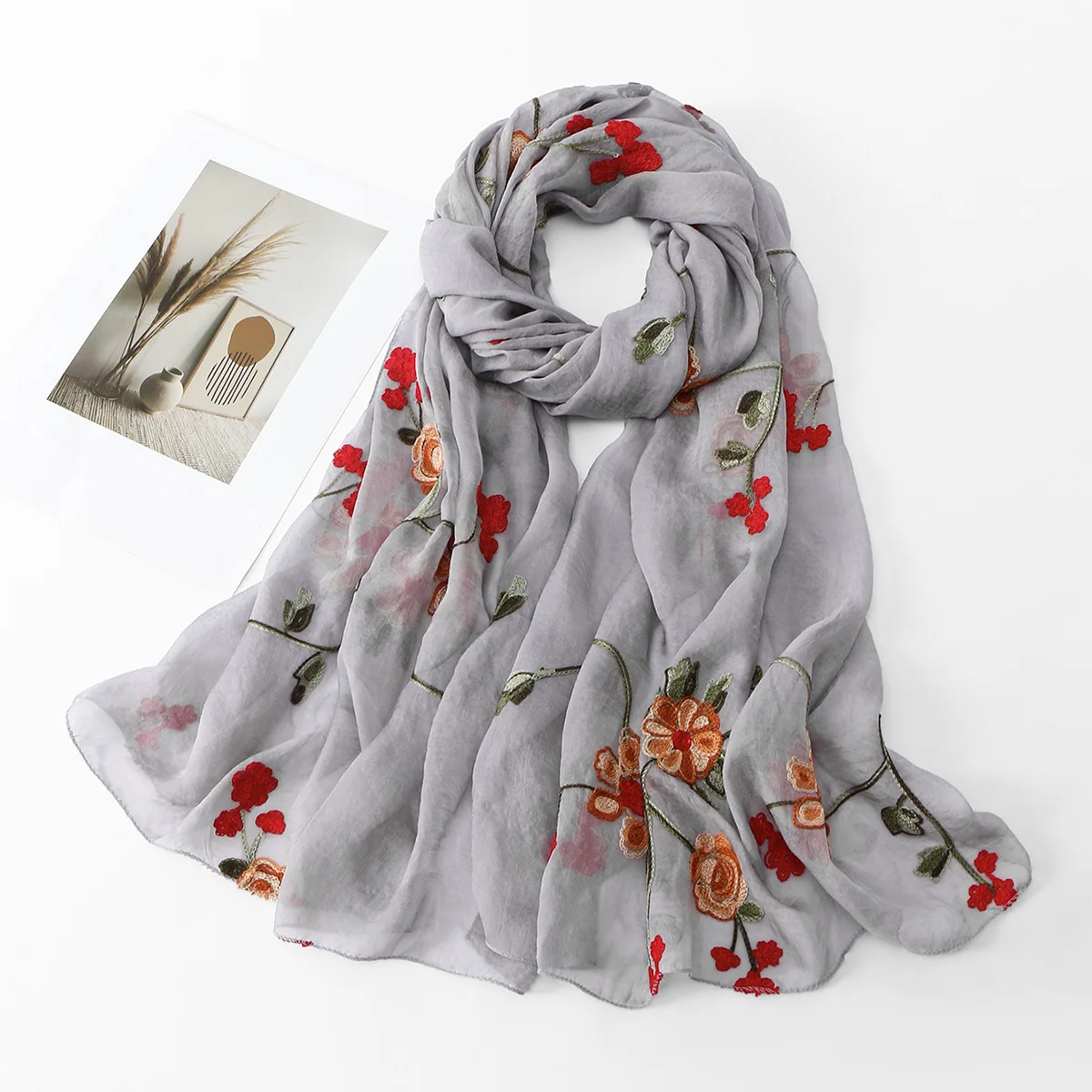 

Spring and Summer New Organza Embroidered Silk Scarf Literary Retro Embroidered Scarf Shawl Seaside Travel Beach Towel Women