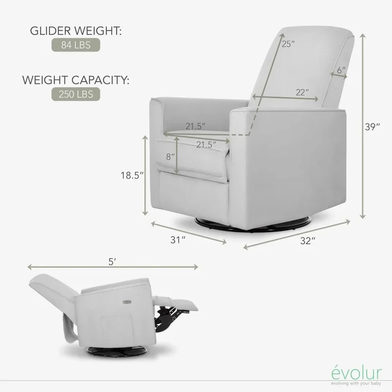 Evolur-asiento de felpa tapizado Harlow Deluxe, balancín deslizante, giratorio, reclinable eléctrico con puerto USB, certificado Greengard Gold, Gl