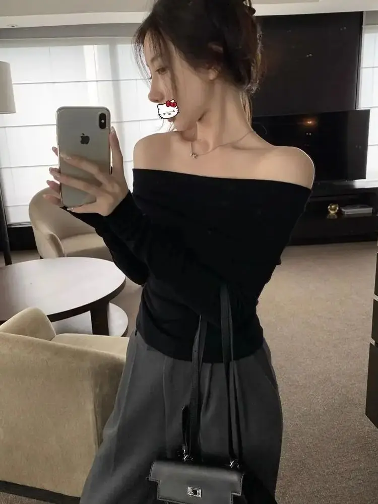 Slash Neck Pullovers Women Spring Spicy Girls Short Slim Korean Style All-match Sexy Elegant Off Shoulder Trendy Temperament