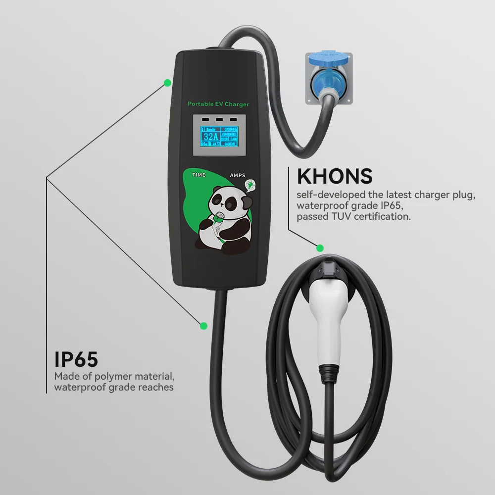 Khons Type2 7kw Caricabatteria per auto elettrica portatile 32A Cavo di ricarica EV monofase Caricatore EVSE Cavo da 5 m Corrente arbitraria 6A-32A