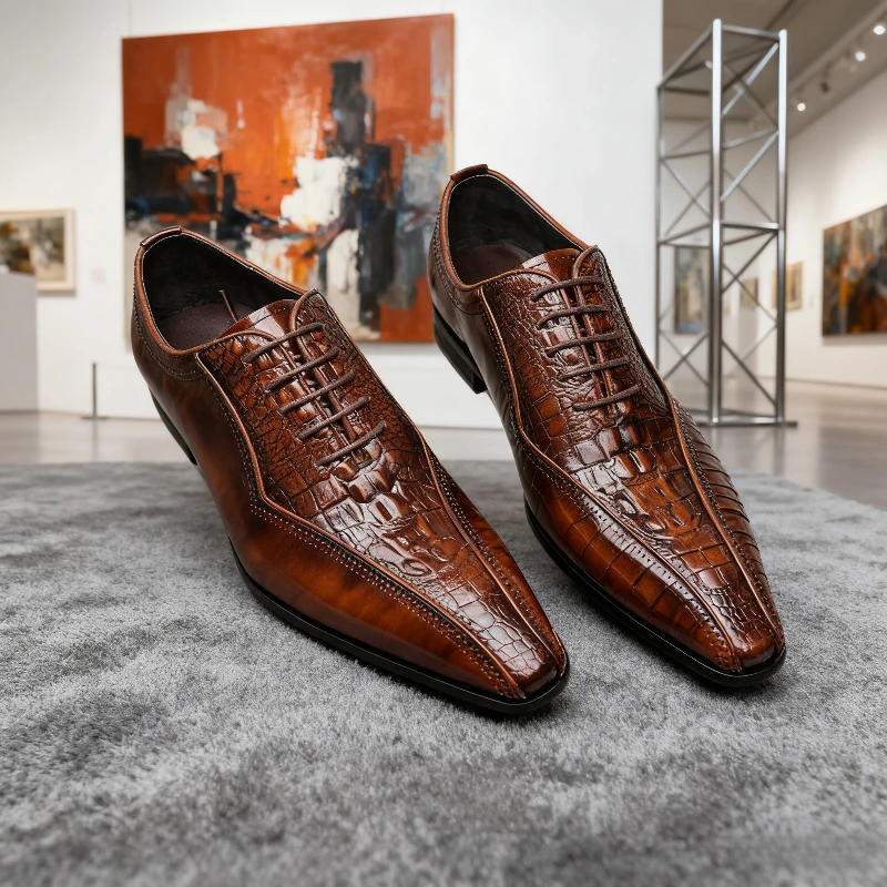 Quality Italian Brand Designer Men's Genuine Leather Dress Shoes Crocodile Pattern Trend Men Fashion Hairstylist Wedding Shoes
